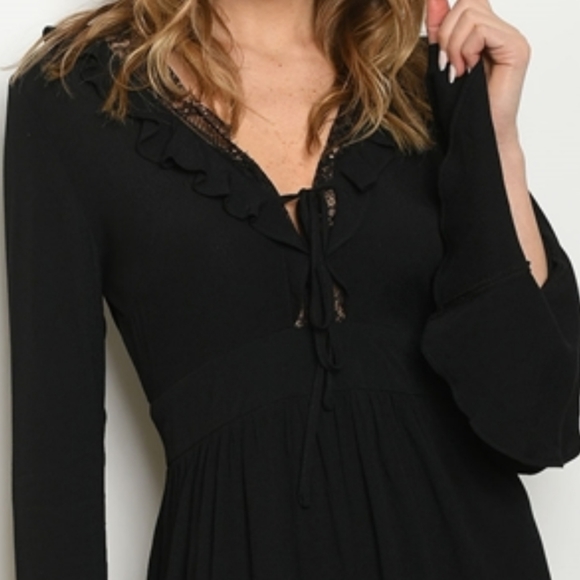 Holly Black Bell Sleeve Lace Up V Neck Romper - Picture 4 of 5